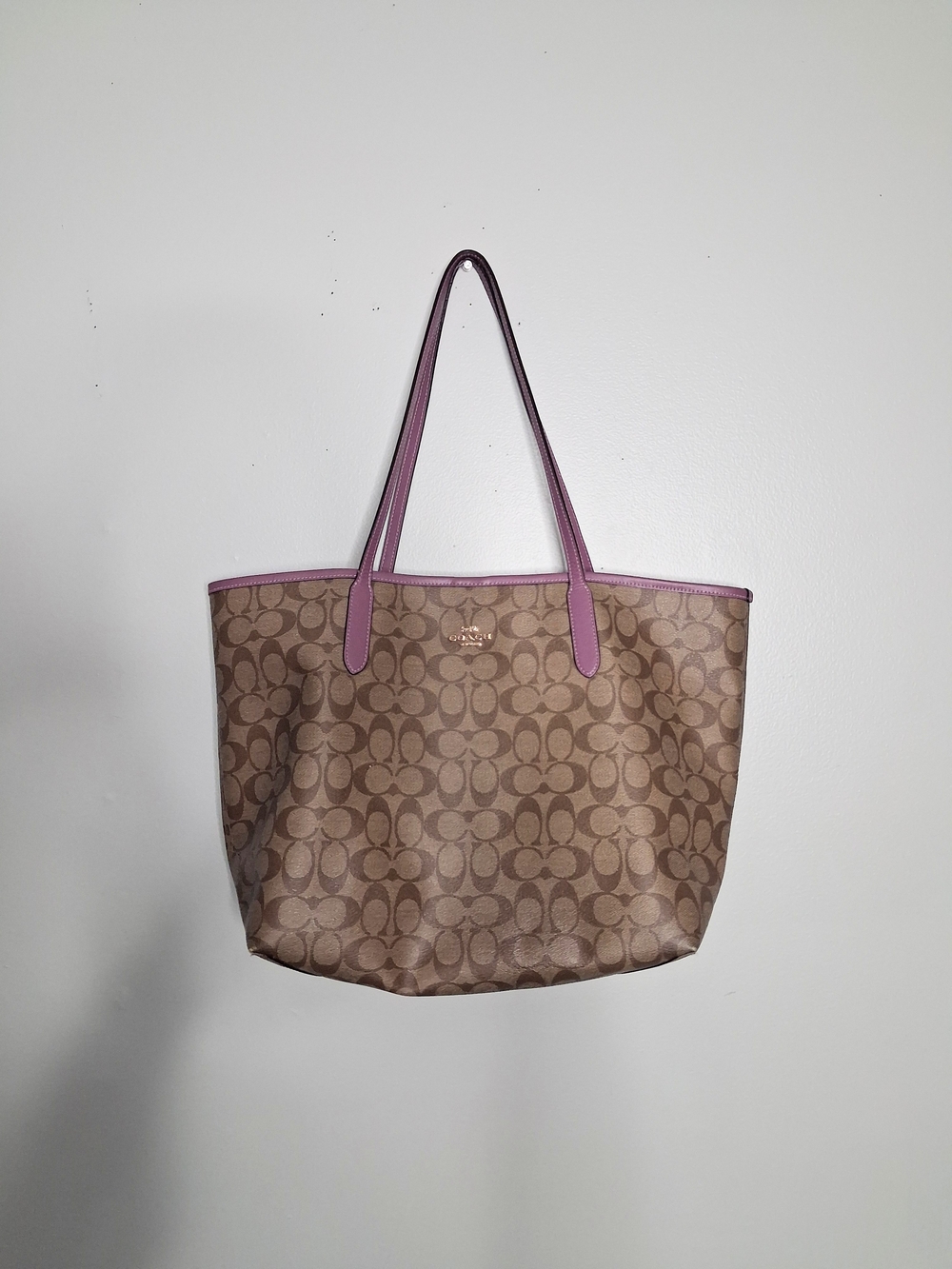 Coach Brown Signature Coated Canvas Tote with Purple Trim